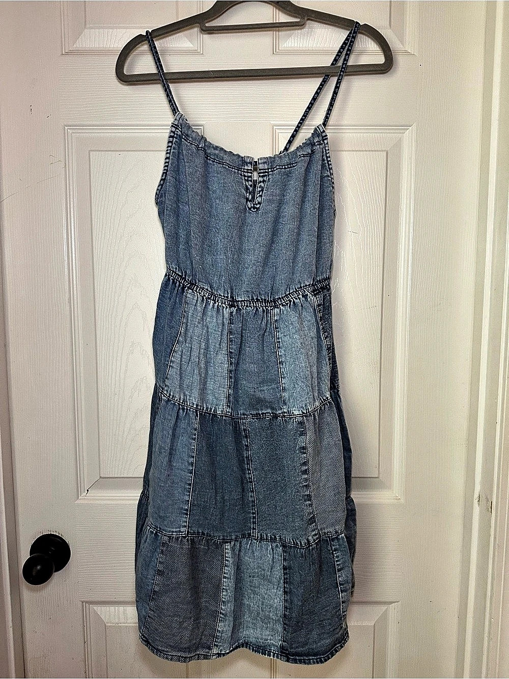 Young Threads Patch Denim Tiered Mini Dress Blue Medium NWT